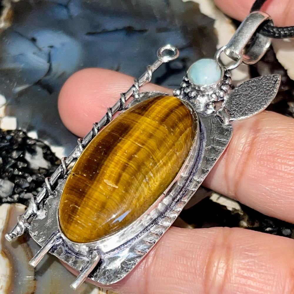 Golden Tigereye & Larimar Pendant 2 1/2”